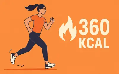Ilustracja kobiety biegającej obok napisu "360 KCAL" i symbolu ognia.