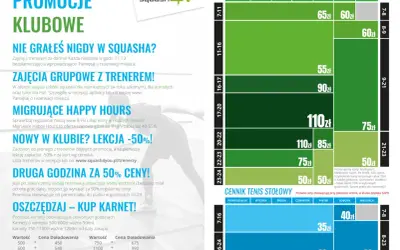 Grafika przedstawia cennik squash i tenisa stołowego z podziałem na godziny i dni tygodnia.